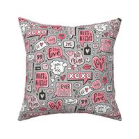 Sweet Love Words Speech Clouds & Hearts Typography Doodle Valentines Day Red Pink on Grey