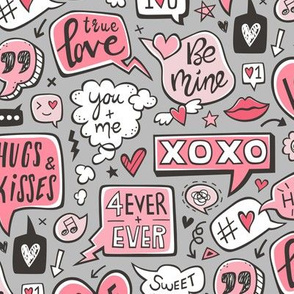 Sweet Love Words Speech Clouds & Hearts Typography Doodle Valentines Day Red Pink on Grey