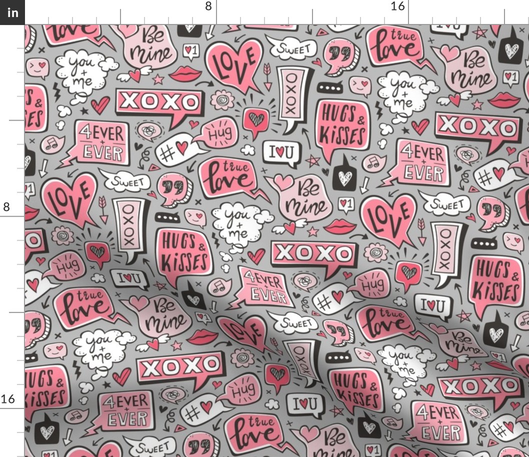 Sweet Love Words Speech Clouds & Hearts Typography Doodle Valentines Day Red Pink on Grey