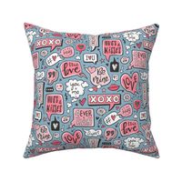 Sweet Love Words Speech Clouds & Hearts Typography Doodle Valentines Day Pink Red on Denim Blue