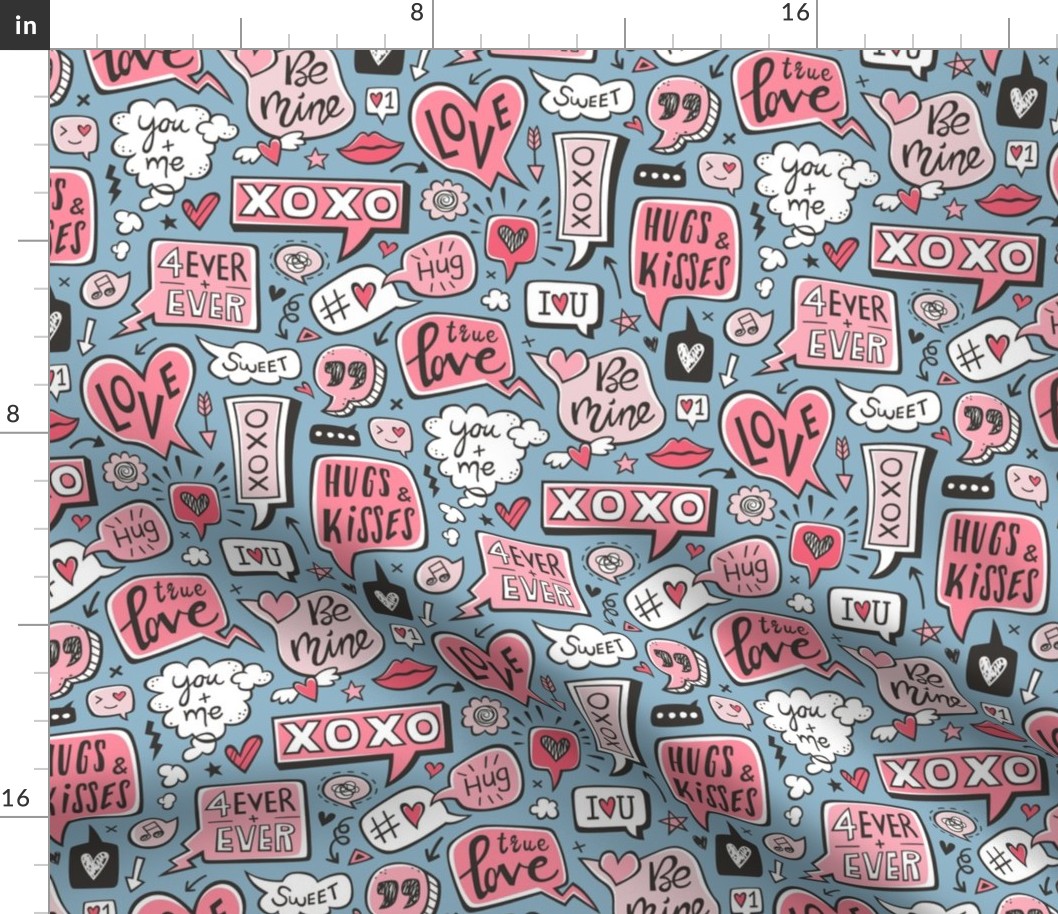 Sweet Love Words Speech Clouds & Hearts Typography Doodle Valentines Day Pink Red on Denim Blue