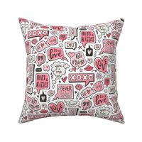 Sweet Love Words Speech Clouds & Hearts Typography Doodle Valentines Day on Red Pink on White