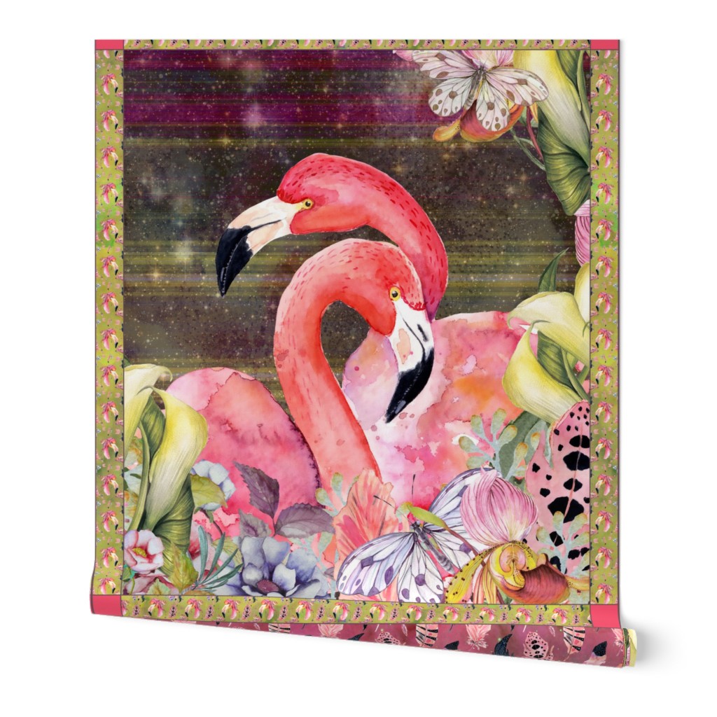 GYPSY FLAMINGO COUPLE 2 PER YARD PANEL 2 BURGUNDY BROWN STARRY SKY BACKGROUND FEATHERS BOHO BOHEMIAN BIRD FLOWERS