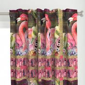 GYPSY FLAMINGO COUPLE 2 PER YARD PANEL 2 BURGUNDY BROWN STARRY SKY BACKGROUND FEATHERS BOHO BOHEMIAN BIRD FLOWERS