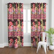 GYPSY FLAMINGO COUPLE 2 PER YARD PANEL 2 BURGUNDY BROWN STARRY SKY BACKGROUND FEATHERS BOHO BOHEMIAN BIRD FLOWERS