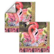 GYPSY FLAMINGO COUPLE 2 PER YARD PANEL 2 BURGUNDY BROWN STARRY SKY BACKGROUND FEATHERS BOHO BOHEMIAN BIRD FLOWERS