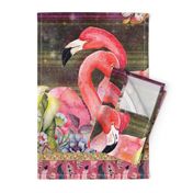 GYPSY FLAMINGO COUPLE 2 PER YARD PANEL 2 BURGUNDY BROWN STARRY SKY BACKGROUND FEATHERS BOHO BOHEMIAN BIRD FLOWERS