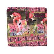 GYPSY FLAMINGO COUPLE 2 PER YARD PANEL 2 BURGUNDY BROWN STARRY SKY BACKGROUND FEATHERS BOHO BOHEMIAN BIRD FLOWERS