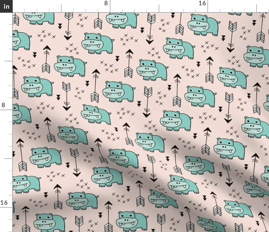 Cute little baby hippo kids fabric design in mint