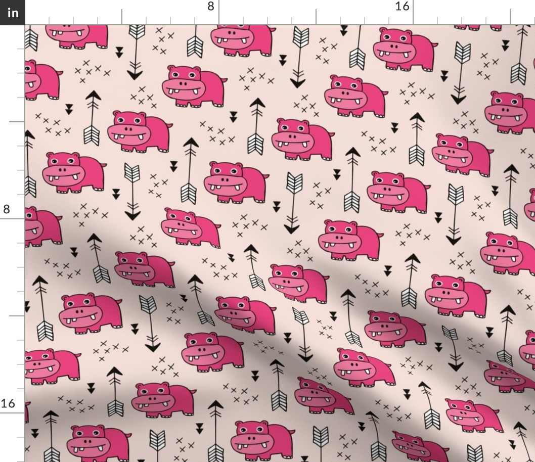 Cute little baby hippo kids fabric design in pink