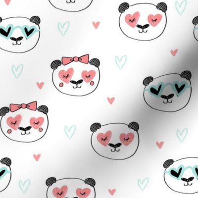 da valentines // love panda head hearts animal valentine's day fabric white mint