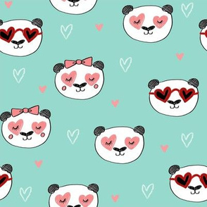 panda valentines // love panda head hearts animal valentine's day fabric mint