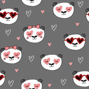 panda valentines // love panda head hearts animal valentine's day fabric grey