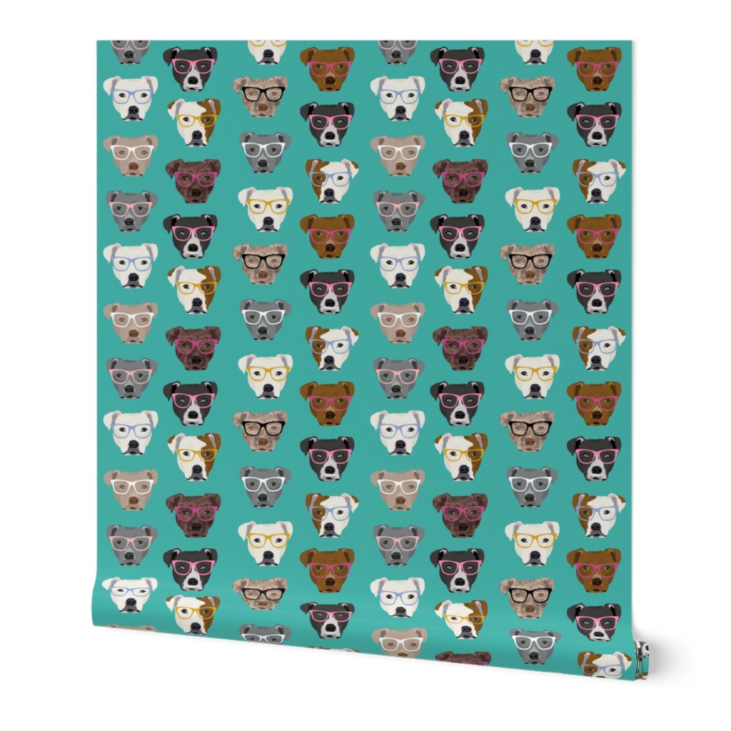 pitbull in glasses - cute dogs pitty fabric pitbull dog design - turquoise