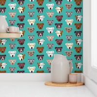 pitbull in glasses - cute dogs pitty fabric pitbull dog design - turquoise