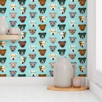 pitbull heads pitbull in glasses - cute dogs pitty fabric pitbull dog design - blue tint