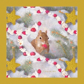 18x18-Inch Panel Art of Squirrel in Snow with Cranberries