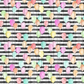 (extra small) multi balloons on black stripes - watercolor birthday fabric