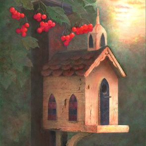 13.5x18-Inch Panel Art of Chapel Birdhouse at Sunset
