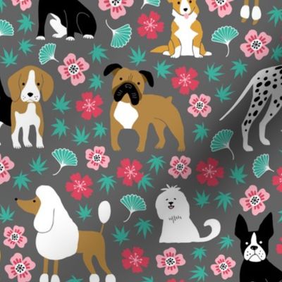 Dogs with chinese florals and leaves on gray