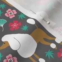Dogs with chinese florals and leaves on gray
