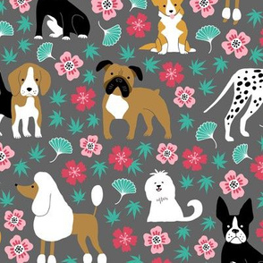 Dogs with chinese florals and leaves on gray