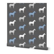 multi horses on grey - grey and blue  farm collection