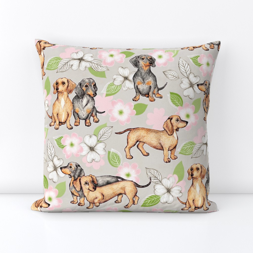 Dachshunds and dogwood blossoms - pink, large