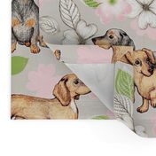 Dachshunds and dogwood blossoms - pink, large