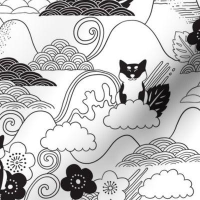 Shiba inu, cherry blossom and doodles clouds. Japanese dog and flowers design.