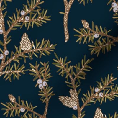 Evergreen Pinecones and Berries Dark Blue