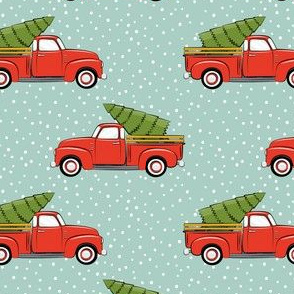 vintage truck with tree - vintage red and mint