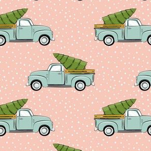 vintage truck with tree - vintage mint and pink