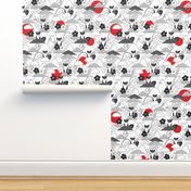 Shiba inu, cherry blossom and doodles clouds. Japanese dog and flowers design.