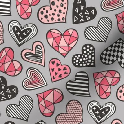 Geometric Patterned Hearts Valentines day Doodle Red Peach Pink on Grey