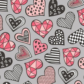 Geometric Patterned Hearts Valentines day Doodle Red Peach Pink on Grey
