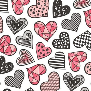 Geometric Patterned Hearts Valentines day Doodle Red Peach Pink