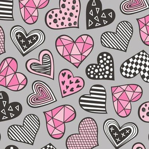 Geometric Patterned Hearts Valentines day Doodle Pink on Grey