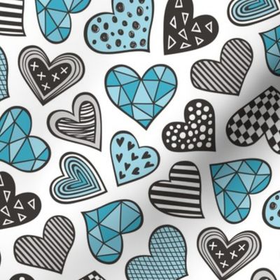 Geometric Patterned Hearts Valentines day Doodle Blue