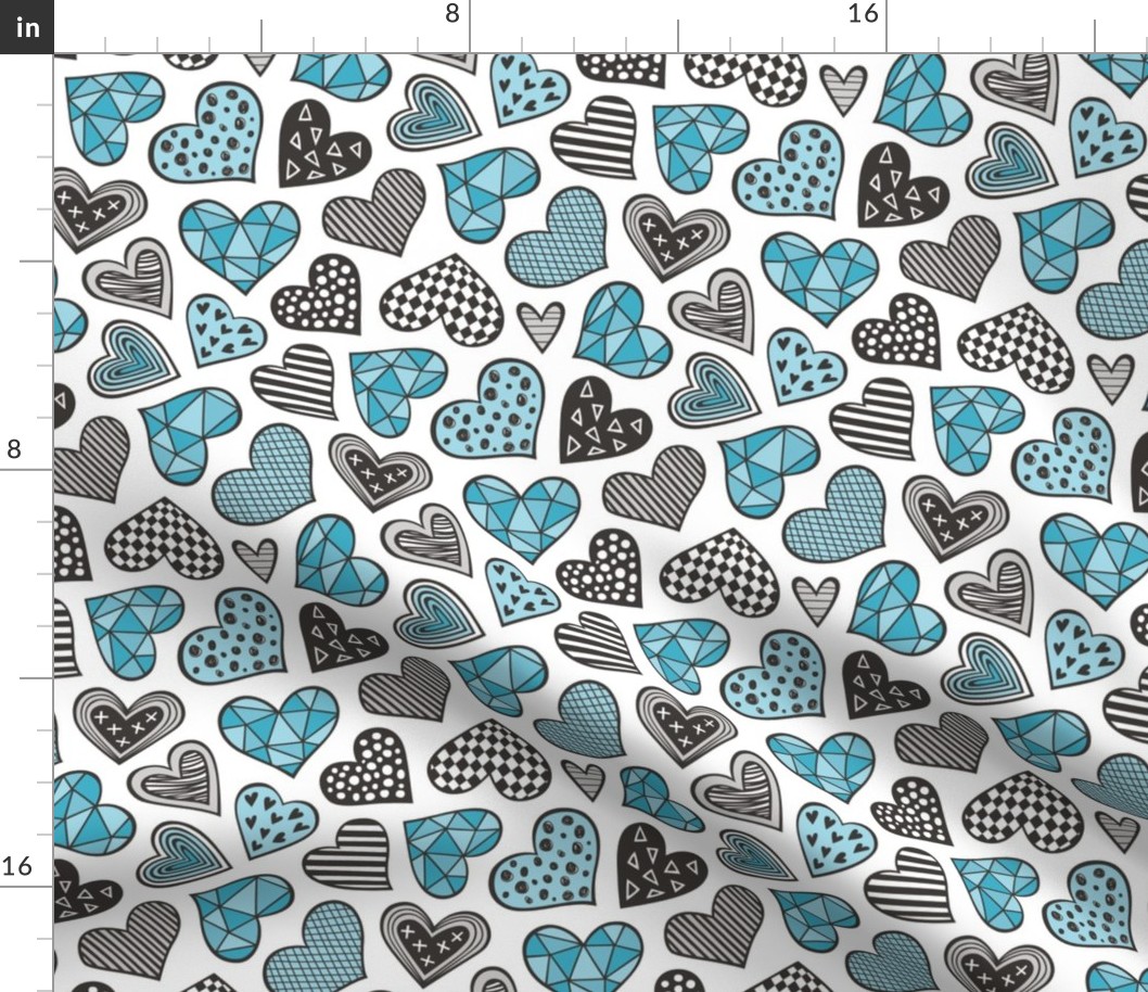 Geometric Patterned Hearts Valentines day Doodle Blue
