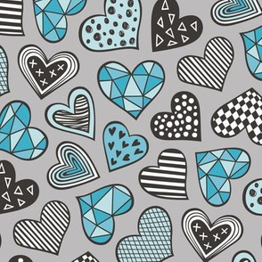 lGeometric Patterned Hearts Valentines day Doodle Blue on Grey