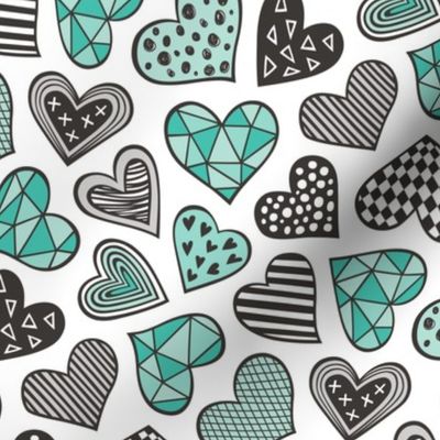 Geometric Patterned Hearts Valentines day Doodle Mint Green