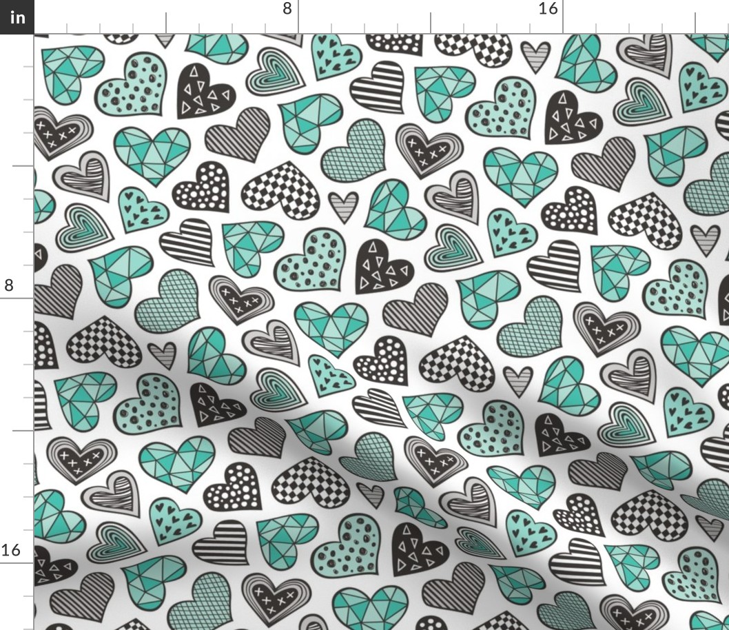 Geometric Patterned Hearts Valentines day Doodle Mint Green