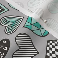Geometric Patterned Hearts Valentines day Doodle Mint Green on Grey