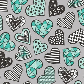 Geometric Patterned Hearts Valentines day Doodle Mint Green on Grey