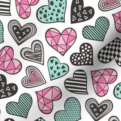 Geometric Patterned Hearts Valentines day Doodle  Pink Mint Green