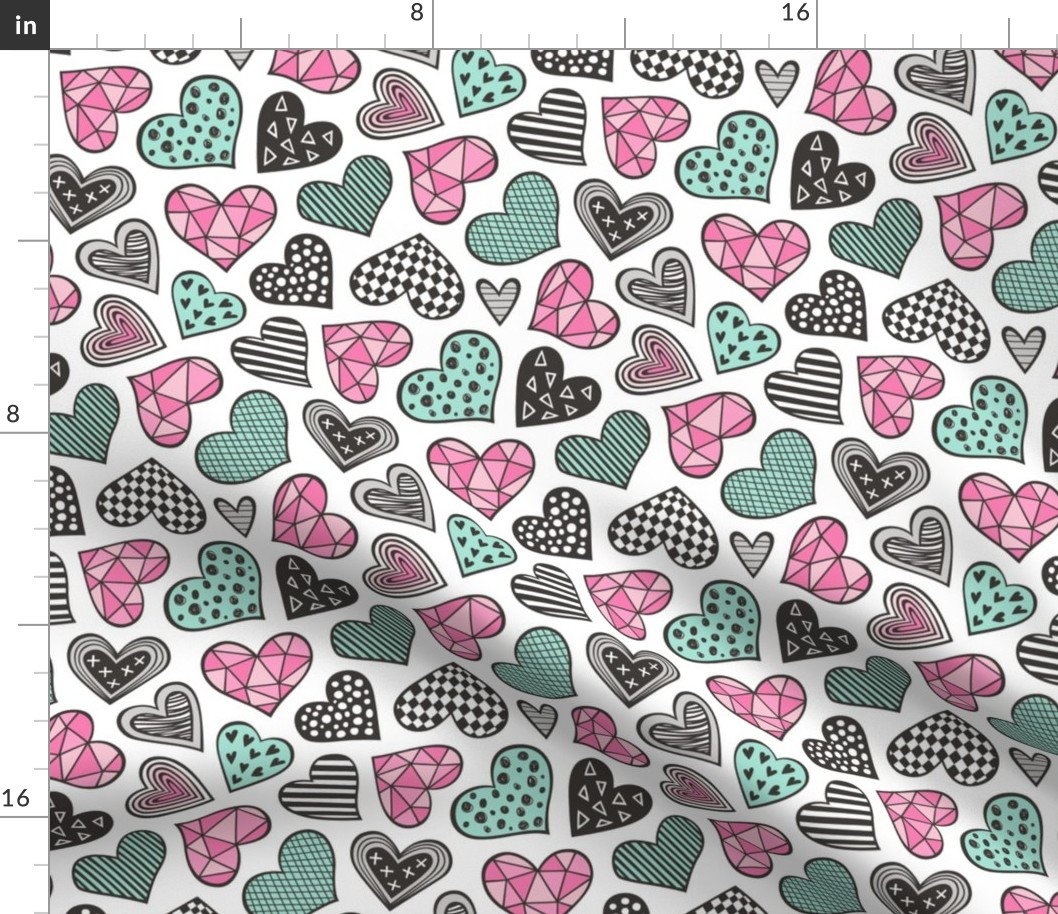 Geometric Patterned Hearts Valentines day Doodle  Pink Mint Green