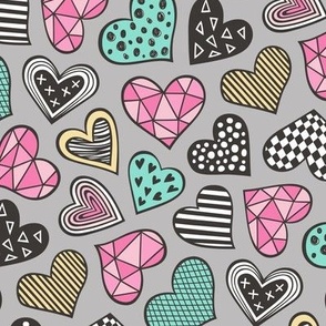 Geometric Patterned Hearts Valentines day Doodle Mint Green Pink Yellow on Grey