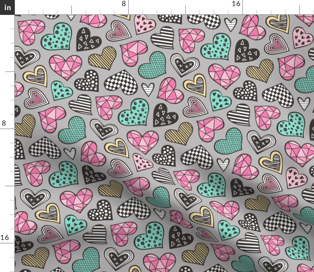 Geometric Patterned Hearts Valentines day Doodle Mint Green Pink Yellow on Grey