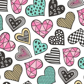 Geometric Patterned Hearts Valentines day Doodle Pink Mint Green Yellow